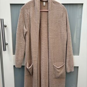 S Qixing Fuzzy Light Peach Long Cardigan Sweater with Pockets